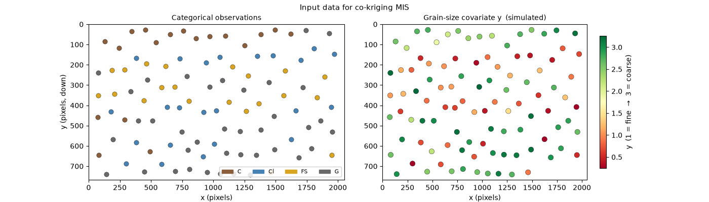 Input data for co-kriging MIS, Categorical observations, Grain-size covariate y  (simulated)